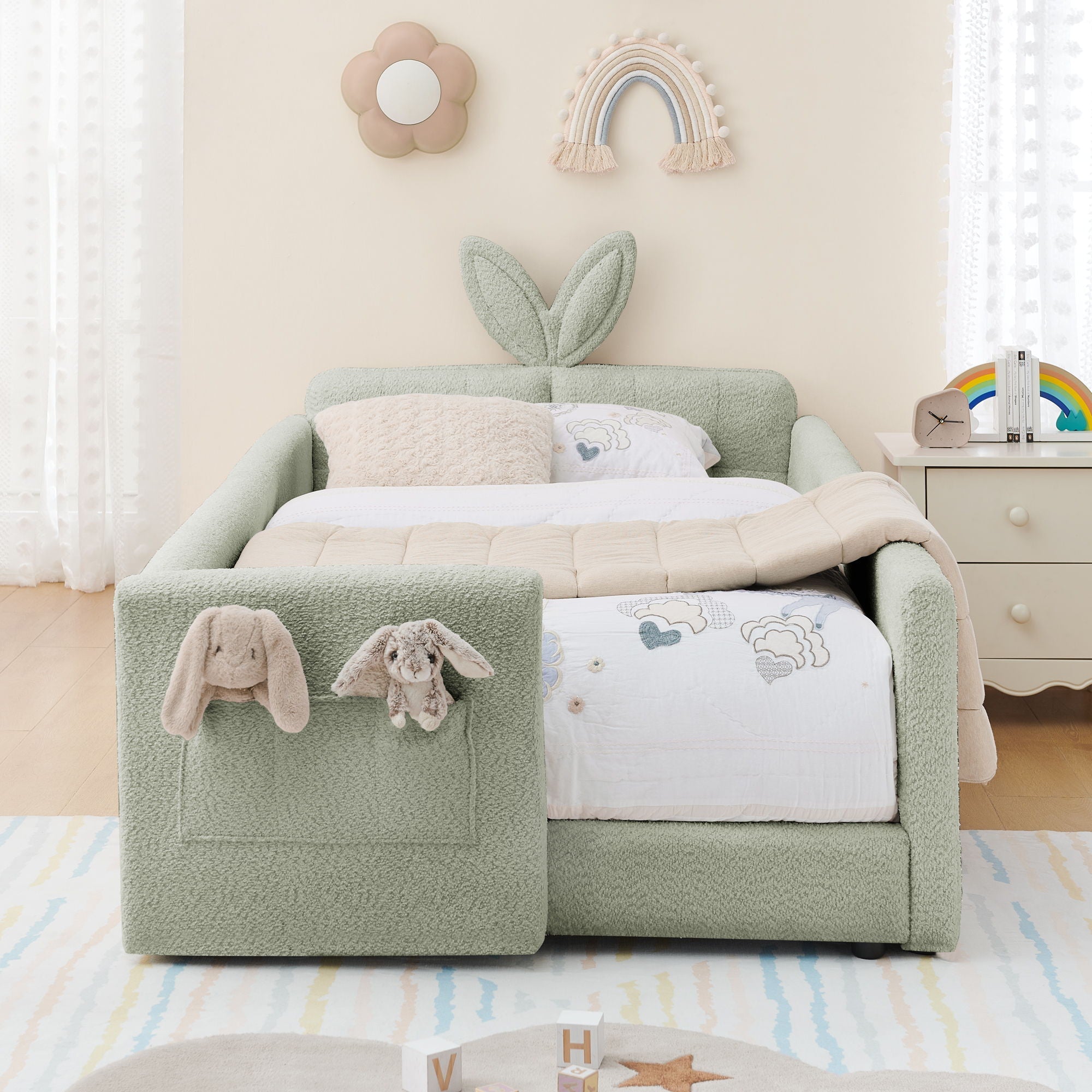 Cute Rabbit Ear Upholstered Platform Bed Frame With Safety Rail