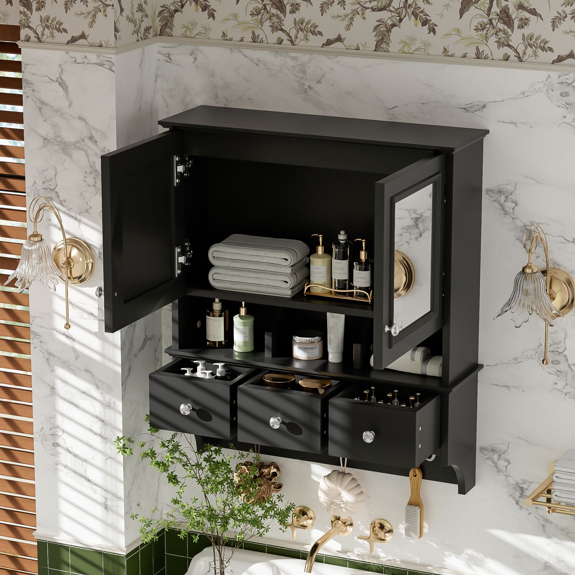 Modern Bathroom Mirror Cabinet With Drawers, Organizer Hooks, And High-Definition Mirrors