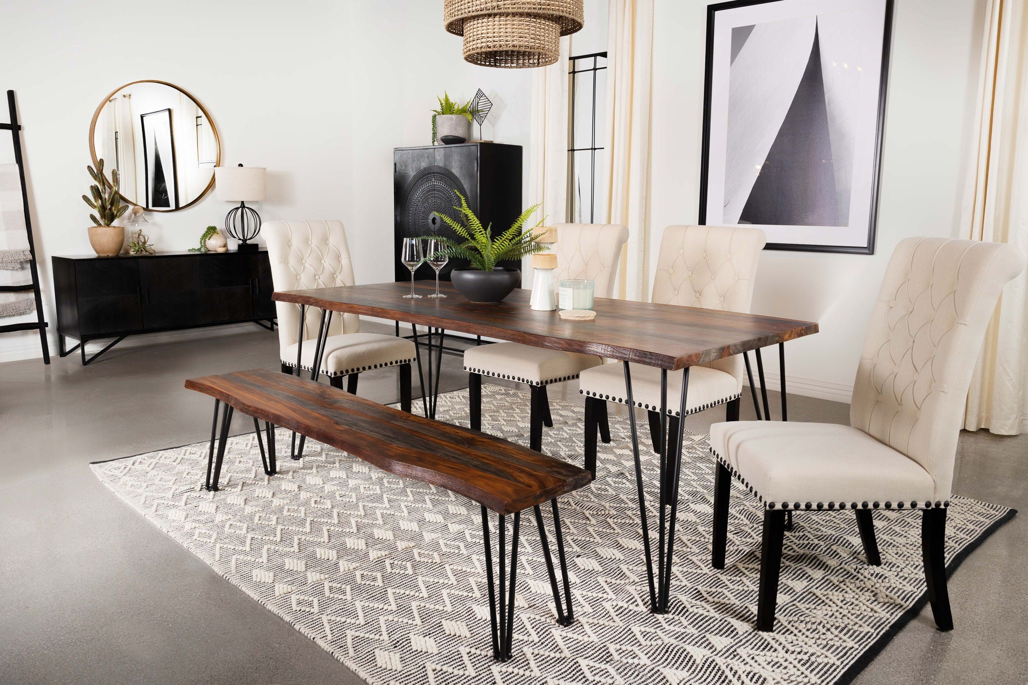 Neve Live Edge Wood Dining Bench Hairpin Legs Grey Sheesham