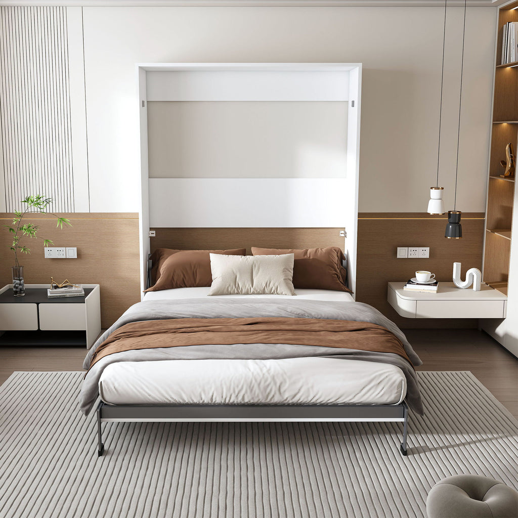 Queen Murphy Bed, Foldable Wall Bed, Space Saving Design For Bedrooms - White