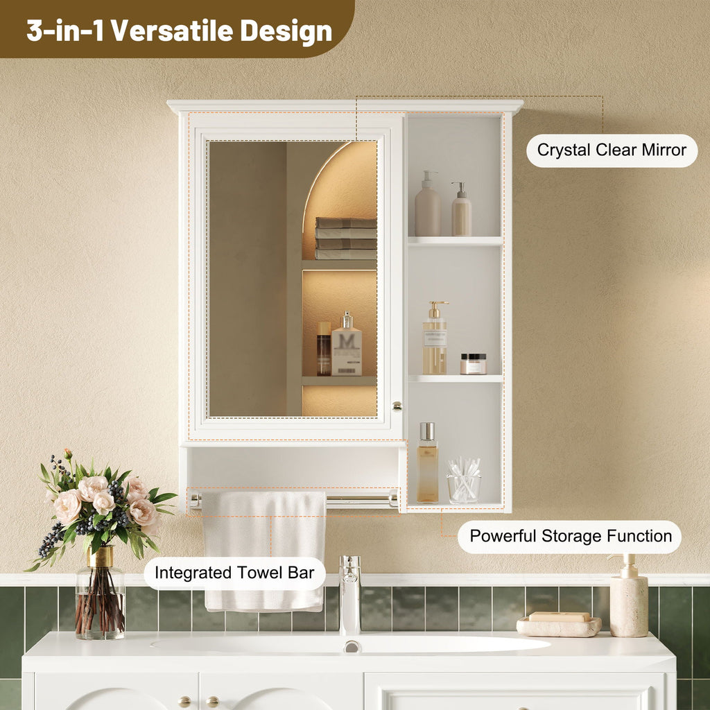 Modern 3 In 1 Bathroom Mirror Cabinet With Adjustable Shelf & Towel Bar