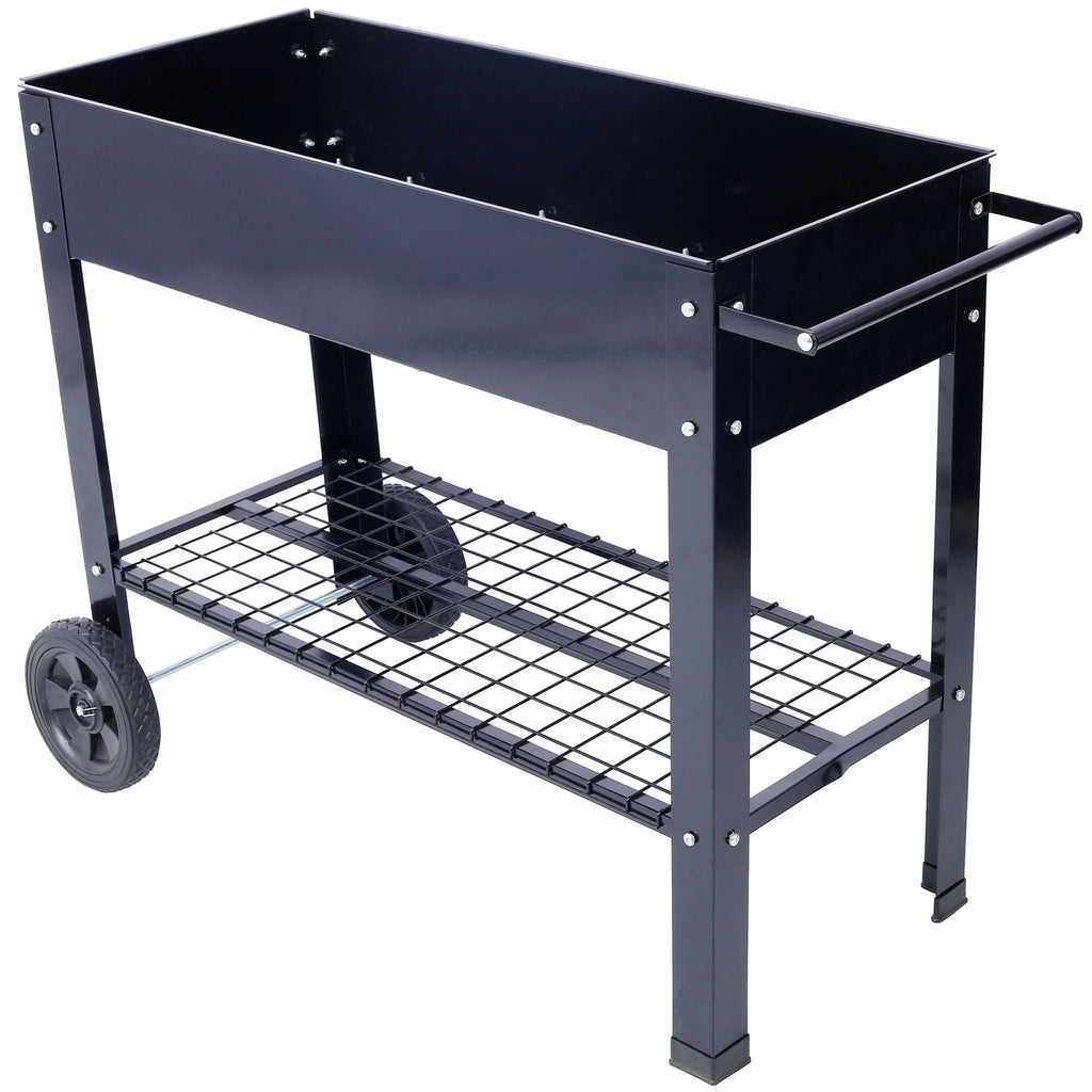 Elevated Mobile Raised Ergonomic Metal Planter Garden Bed With Wheels Powder Coated Steel - Black