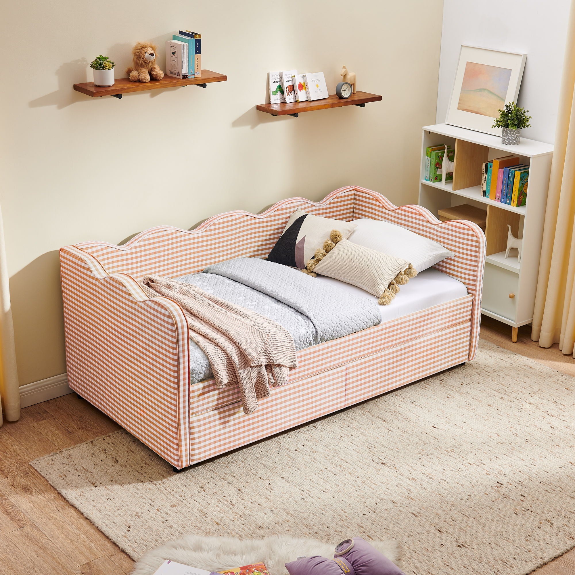 Gingham Daybed With USB Charging Port, Wave-Shaped Design