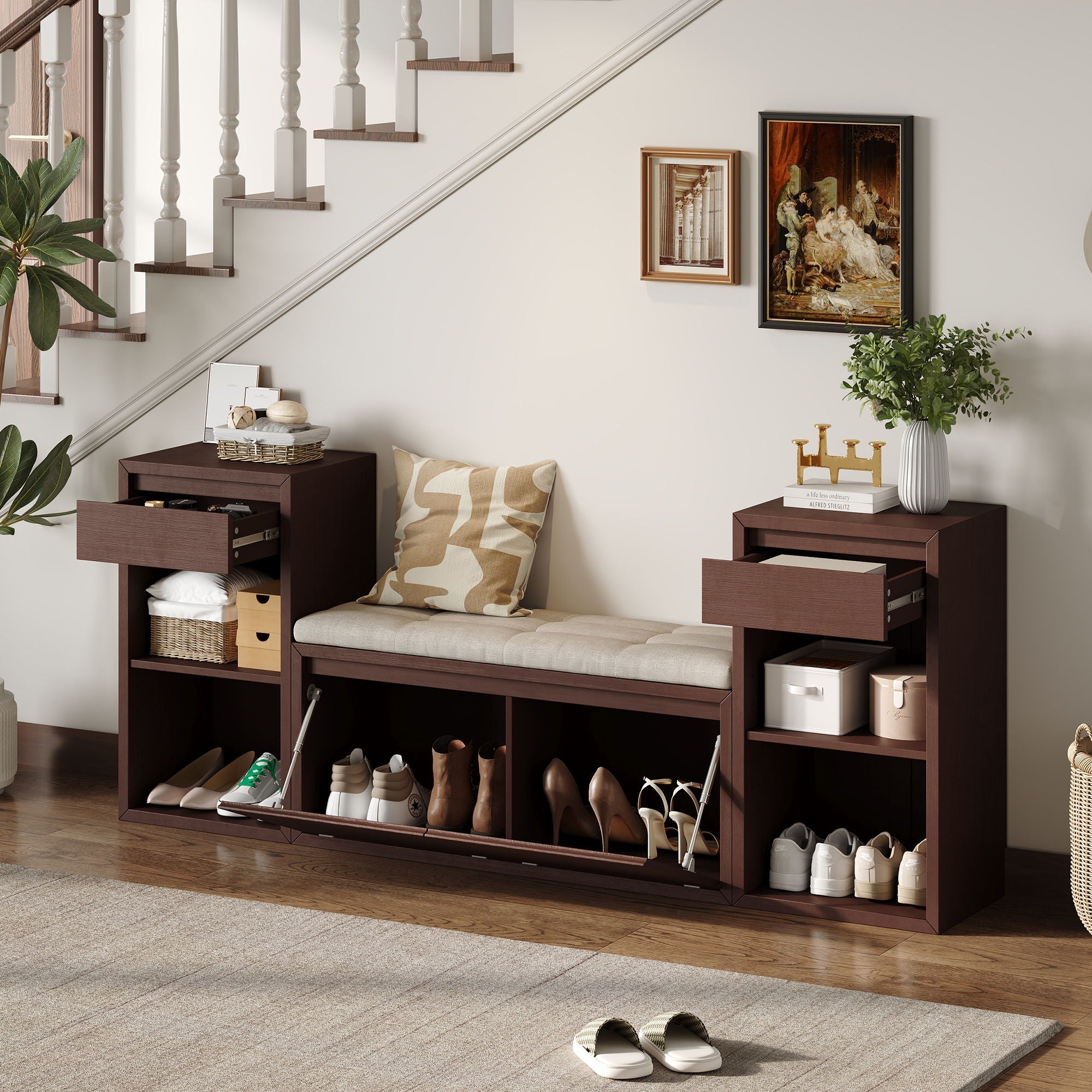 Entryway Storage Bench With Cushion, Drawers & Open Shelves