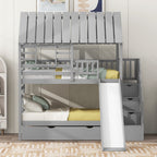 House Bunk Bed With Trundle, Storage Staircase, Roof And Window Design