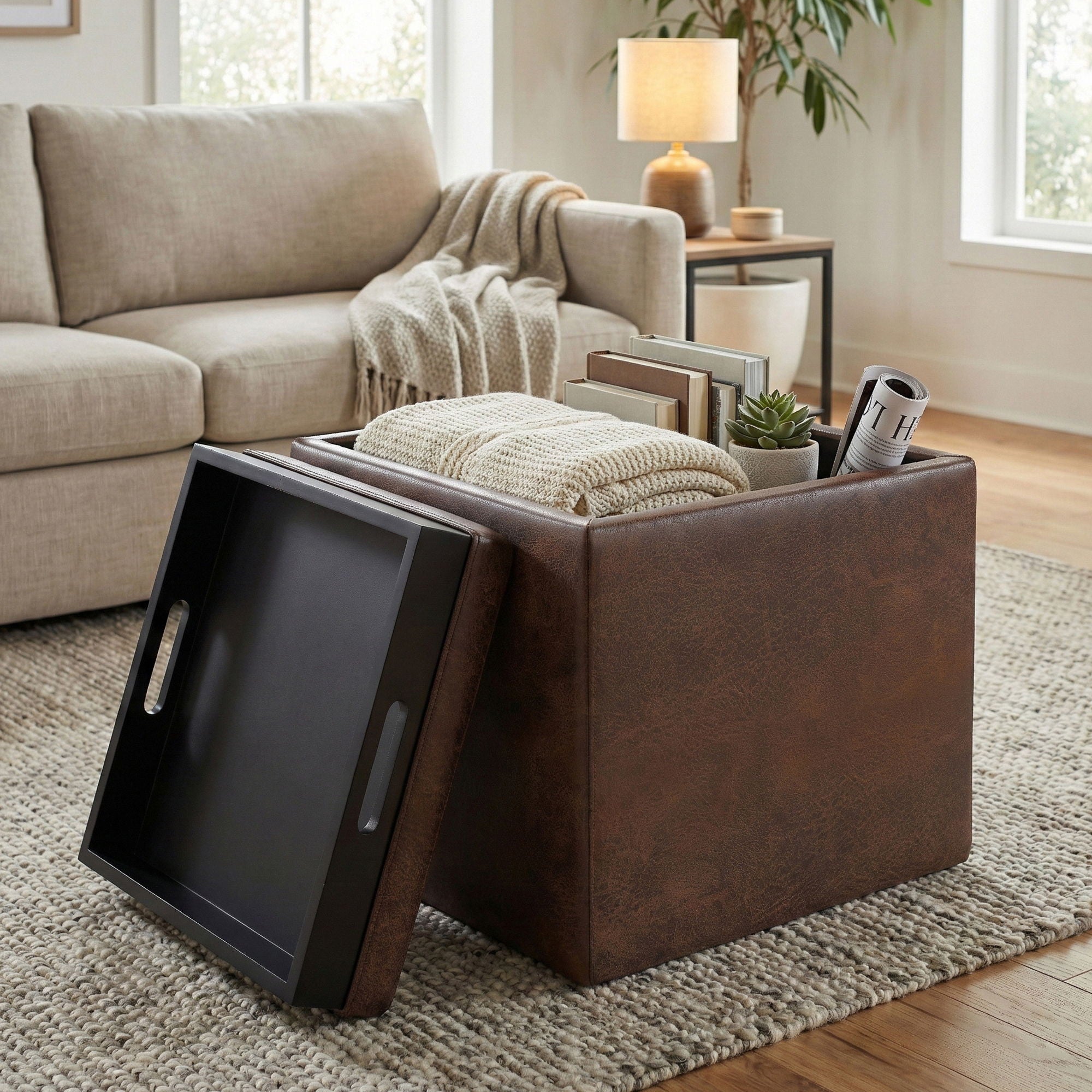 Rockwood - Upholstered Cube Storage Ottoman With Tray