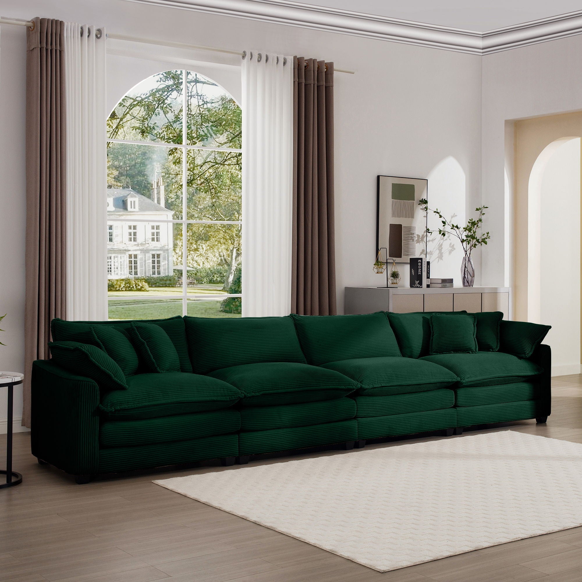 Modern Upholstered 4 Seater Fabric Sofa With Arm And Throw Pillows