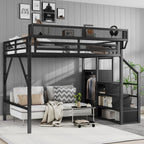Queen Size Loft Bed With Stairs, Storage Shelves, Wardrobe - Black