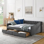 Upholstered Tufted Daybed With Drawers, Waved Arms