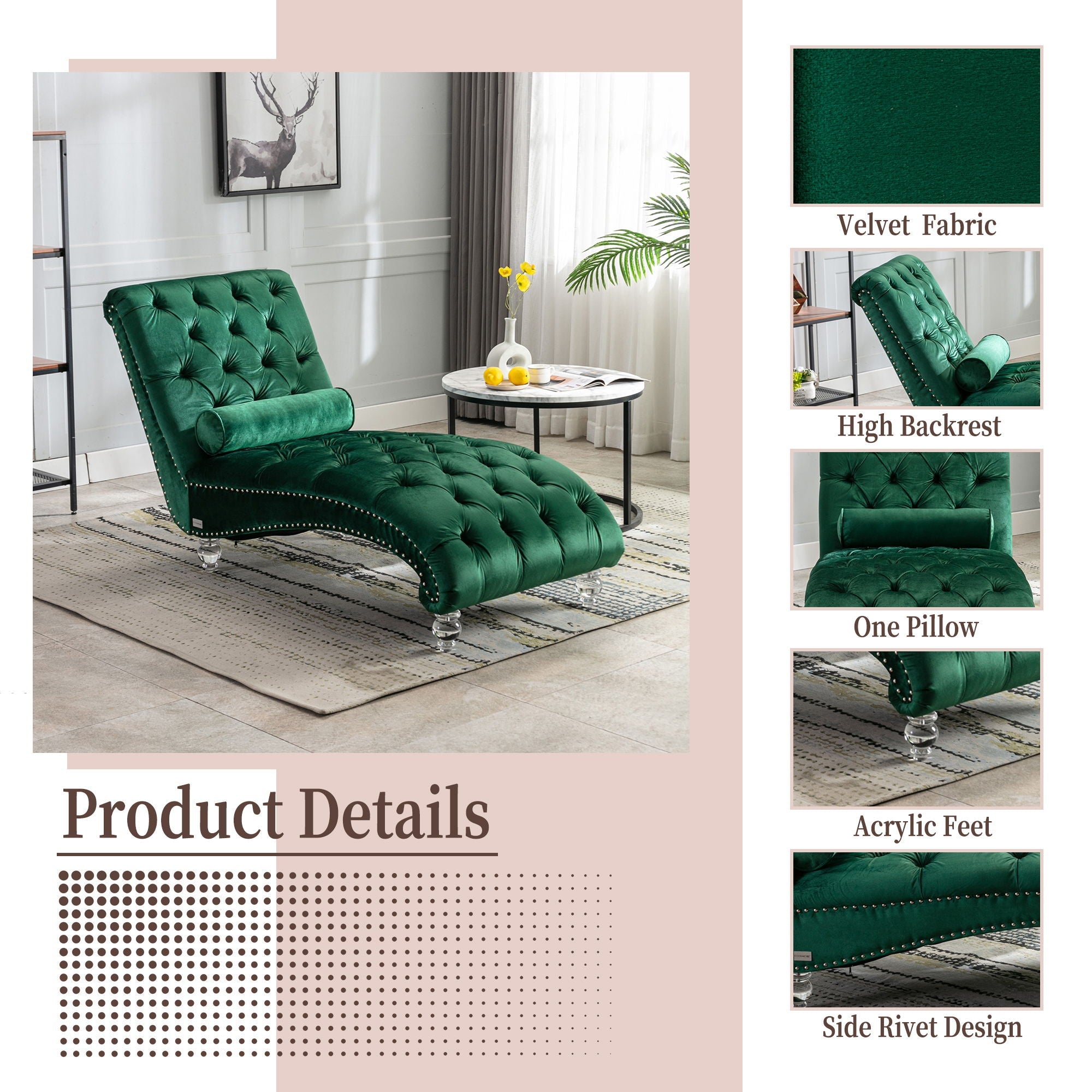 Chaise Lounge Indoor, Button Tufted Upholstered Chaise Lounge Chair With Pillow