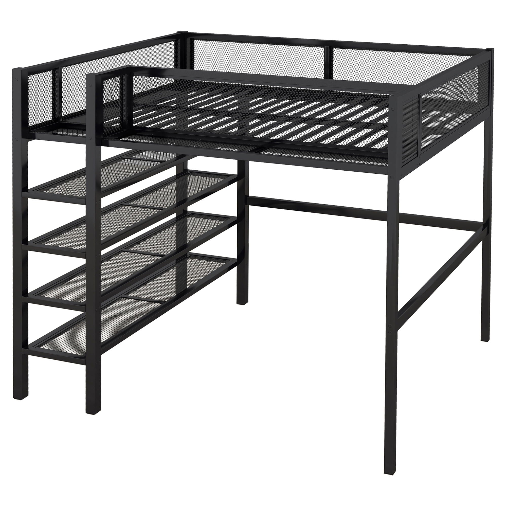 Loft Bed With 4 Tier Shelves And Storage