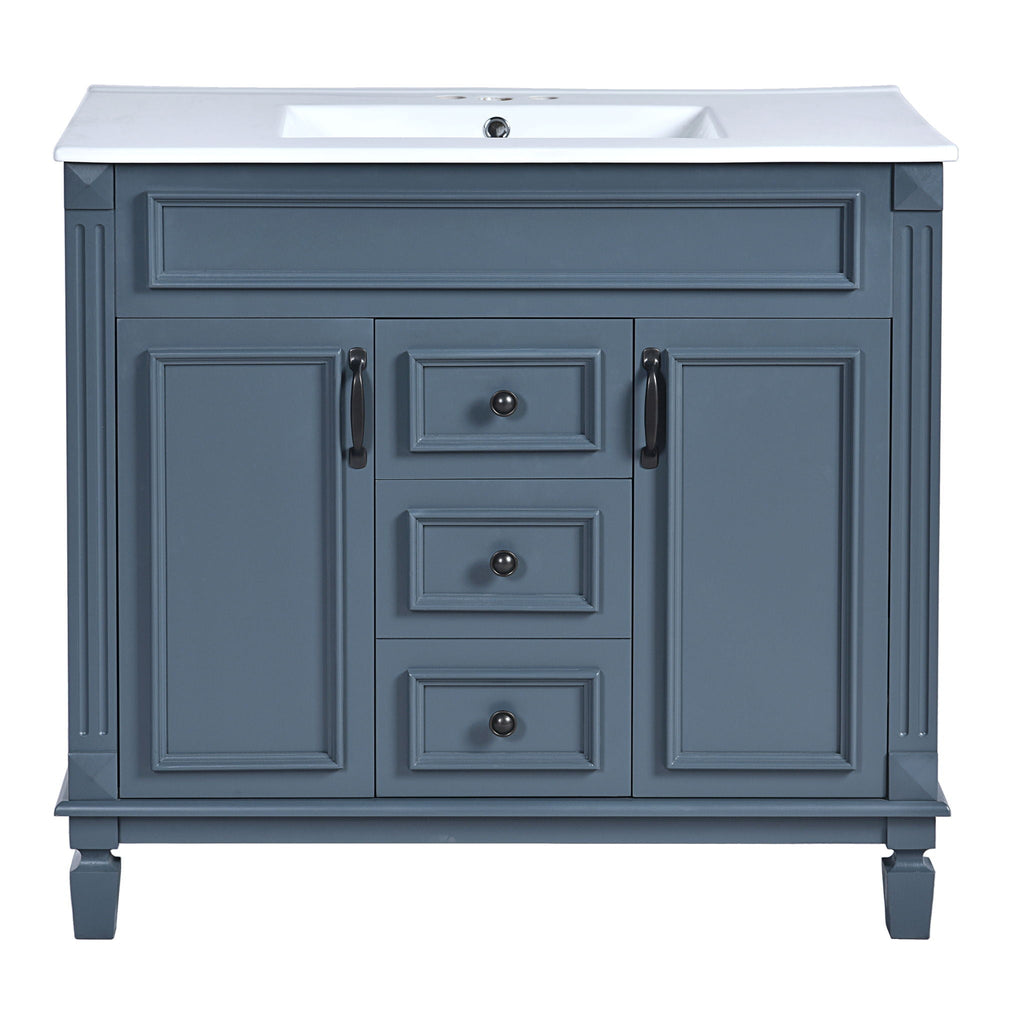36" Bathroom Vanity With Top Sink, Basin On Cabinet With 2 Soft Closing Doors And 2 Drawers - Blue