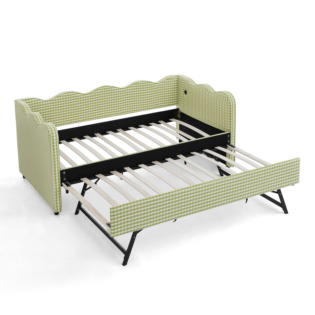 Gingham Daybed With USB Charging Port, Wave-Shaped Design