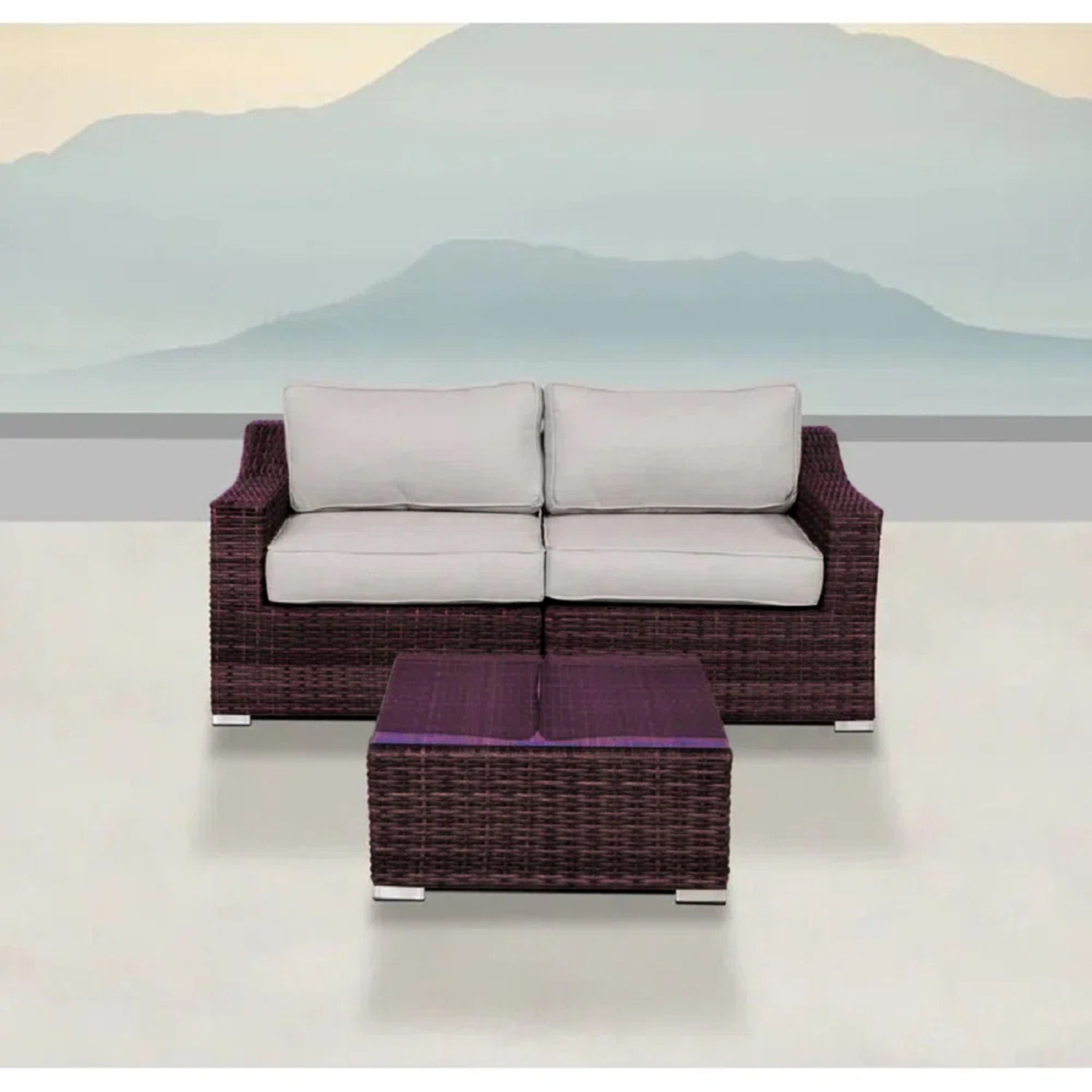 Wicker 2 Person Conversation Set, Durable Outdoor Seating With Cushions Mix - Brown Mix