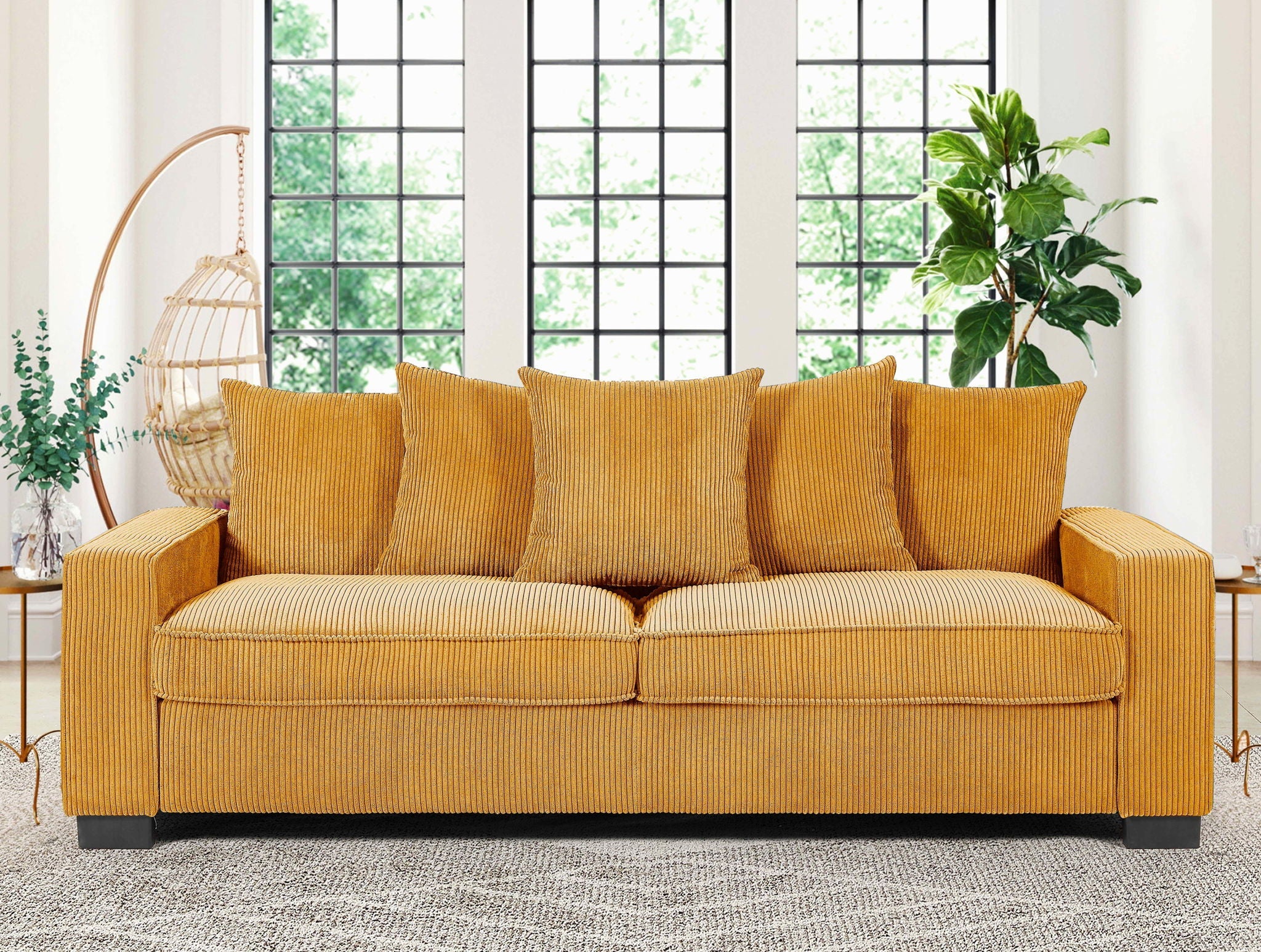 Luxe Sofa With 5 Matching Toss Pillows, Sleek Design, Spacious And Comfortable 3 Seater Couch