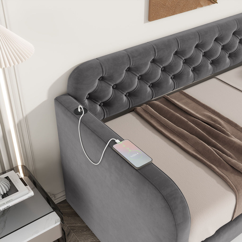 Upholstered Daybed With Trundle And USB Charging Design