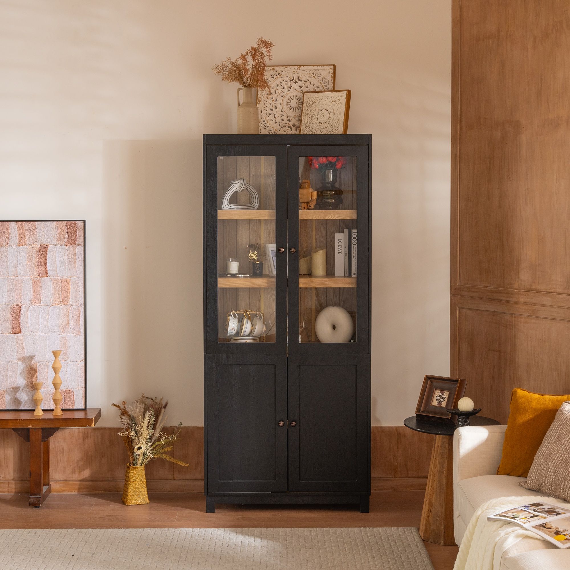 Style Tall Display Cabinet With Glass Doors For Collectibles - Black