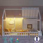 House Floor Bed With 7 Color LED Light, Built In Bookshelf