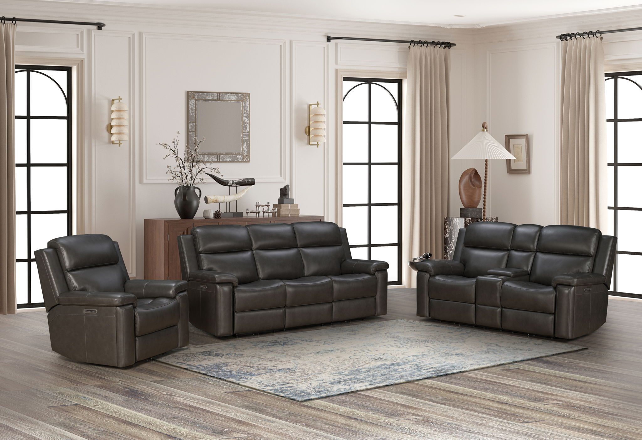 Leon - Power Sofa Recliner With Power Headrest, Power Lumbar, Heat And Massage (Dropdown Table With Smart Tabletop Control) - Smokey Gray