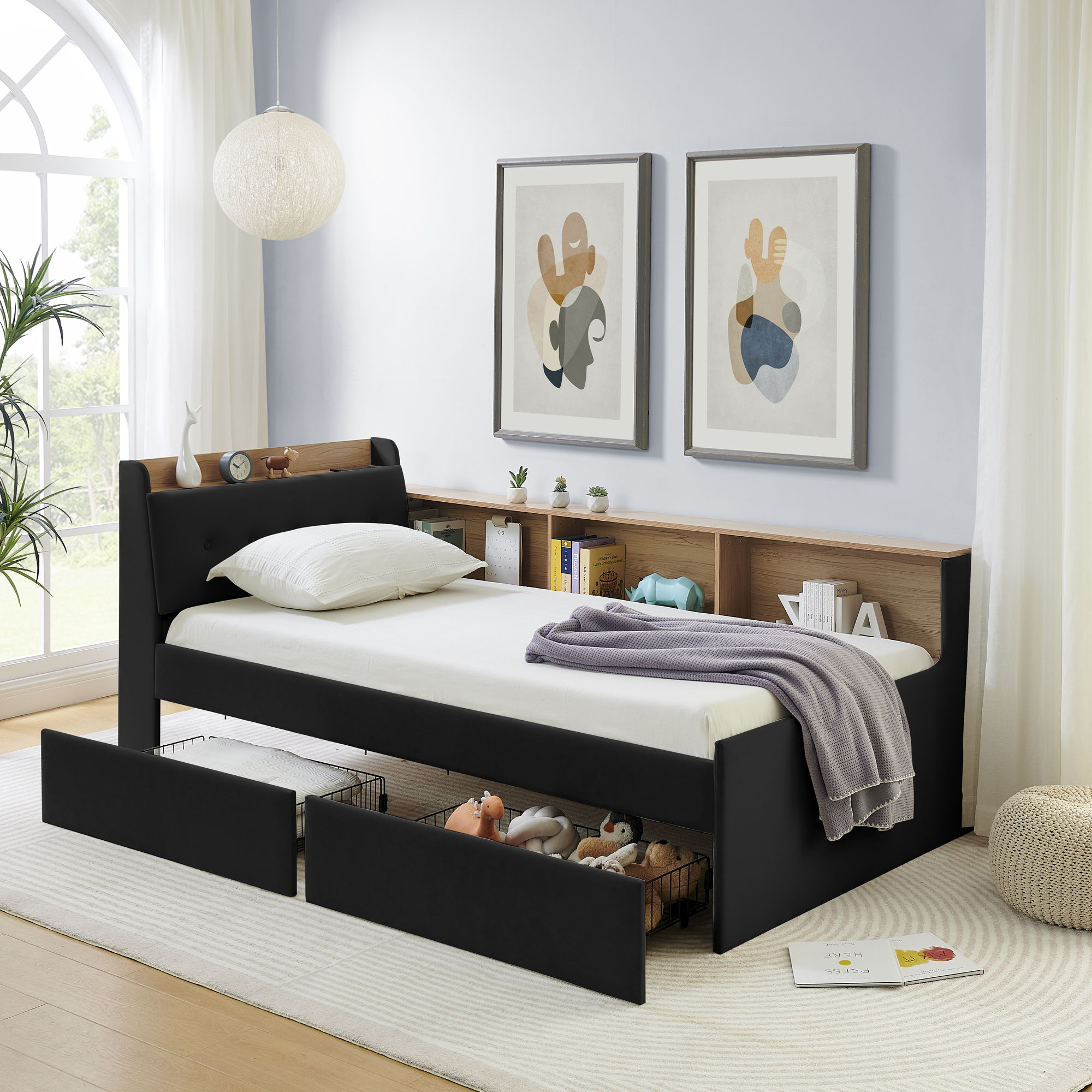 Upholstered Daybed With Storage Headboard, Wireless Charging, LED Lights