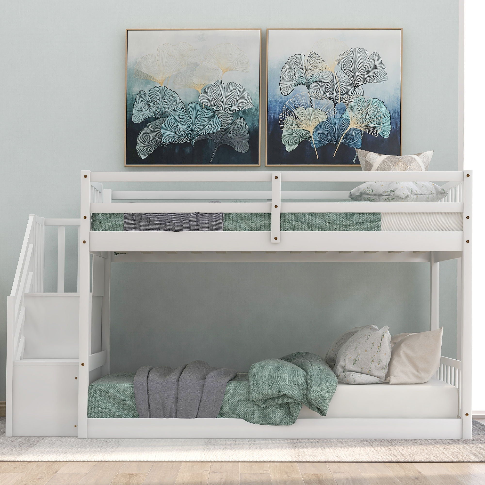Norset - Twin Over Twin Floor Bunk Bed, Ladder With Storage