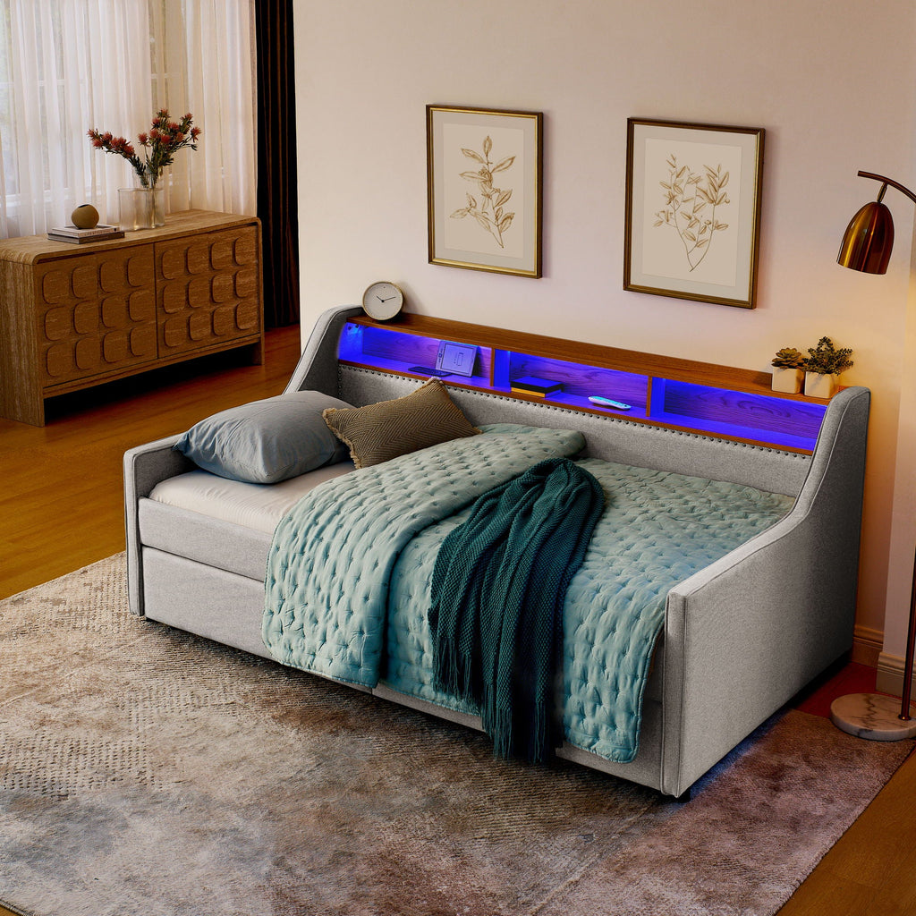 Twin Upholstered Sofa Bed With LED Lights, Storage Drawers, Adjustable Headboard & Wireless Charging - Beige