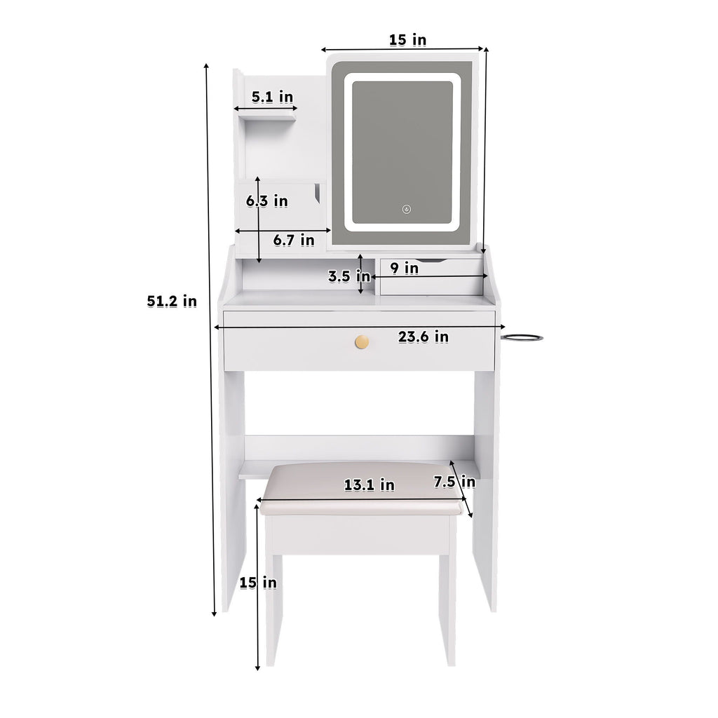 3 Color LED Vanity Mirror With Stool, Dressing Table For Bedroom, 2 Drawers & 5 Storage Cabinets (4 Open + 1 Hidden), Adjustable Lighting - White