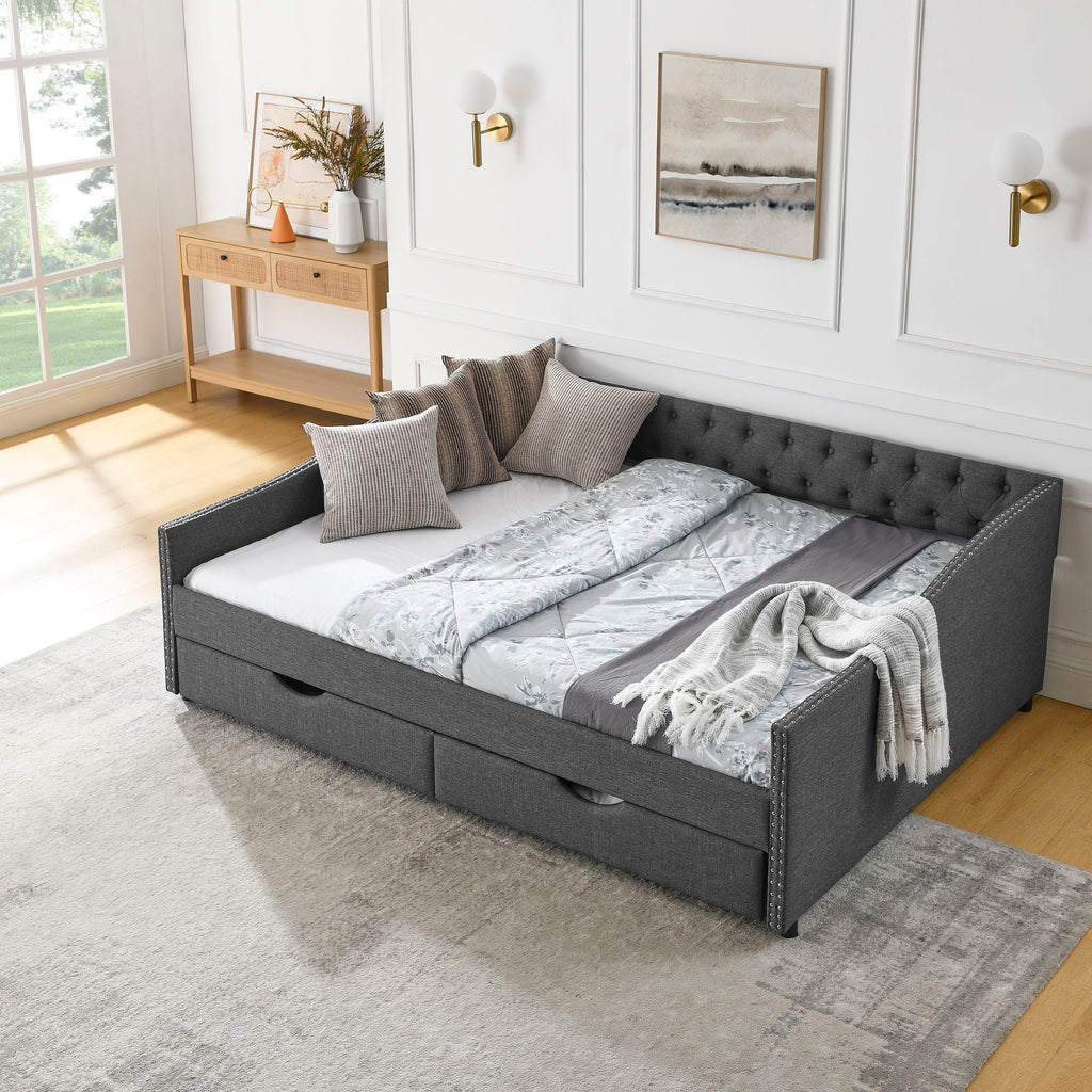 Upholstered Tufted Daybed With 2 Drawers, Waved Arms