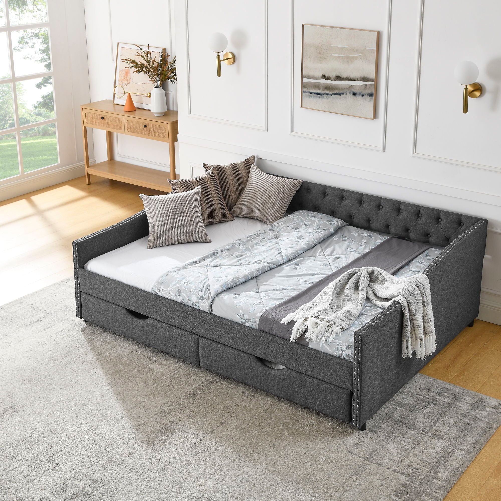 Upholstered Tufted Daybed With 2 Drawers, Waved Arms