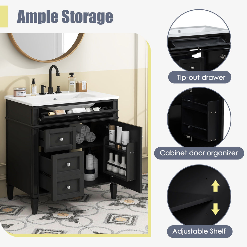 Bathroom Vanity With Top Sink, Storage Cabinet With 2 Drawers, Tip Out Drawer