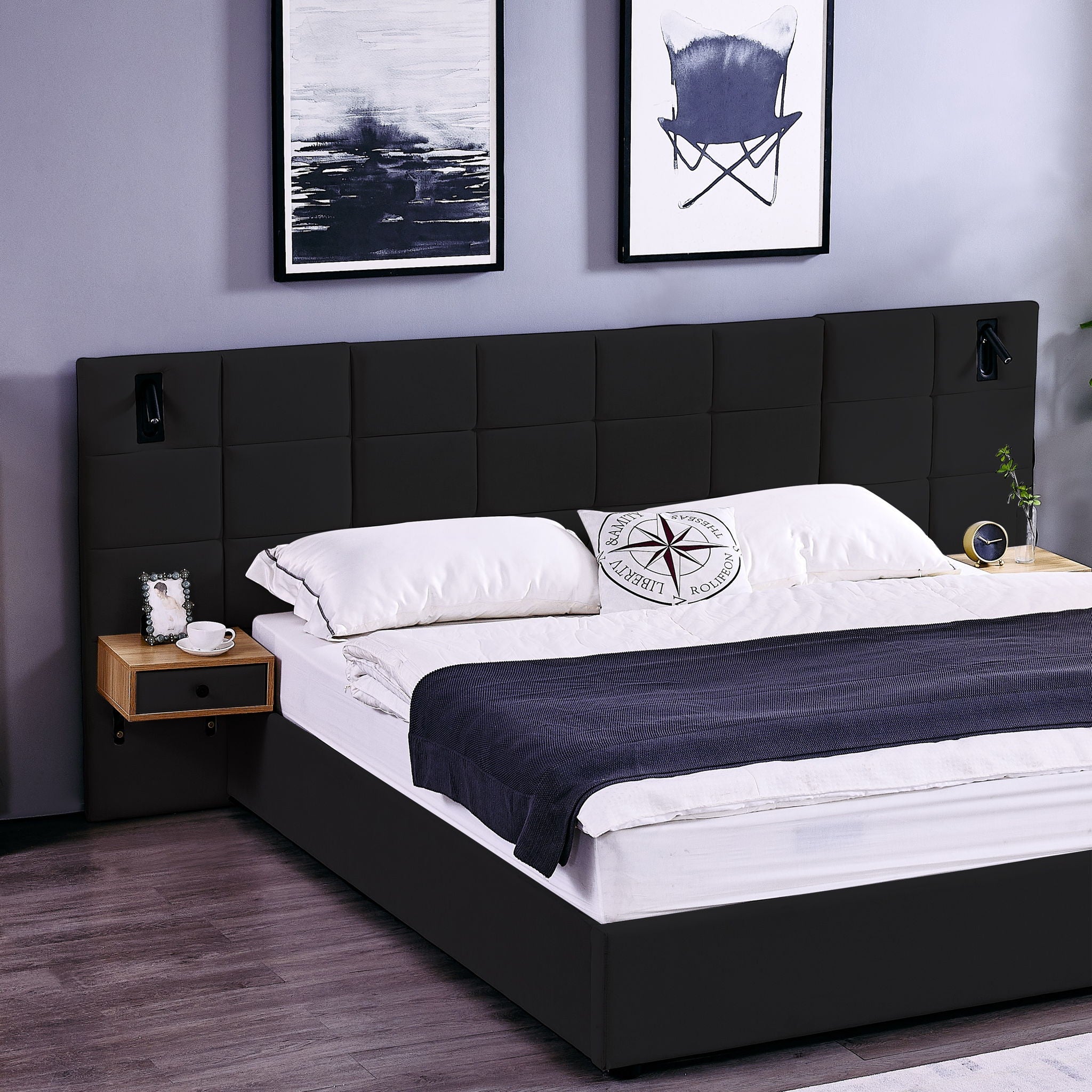 Upholstered Hydraulic Platform Bed With Storage Shelves, Reading Lamps, USB Port