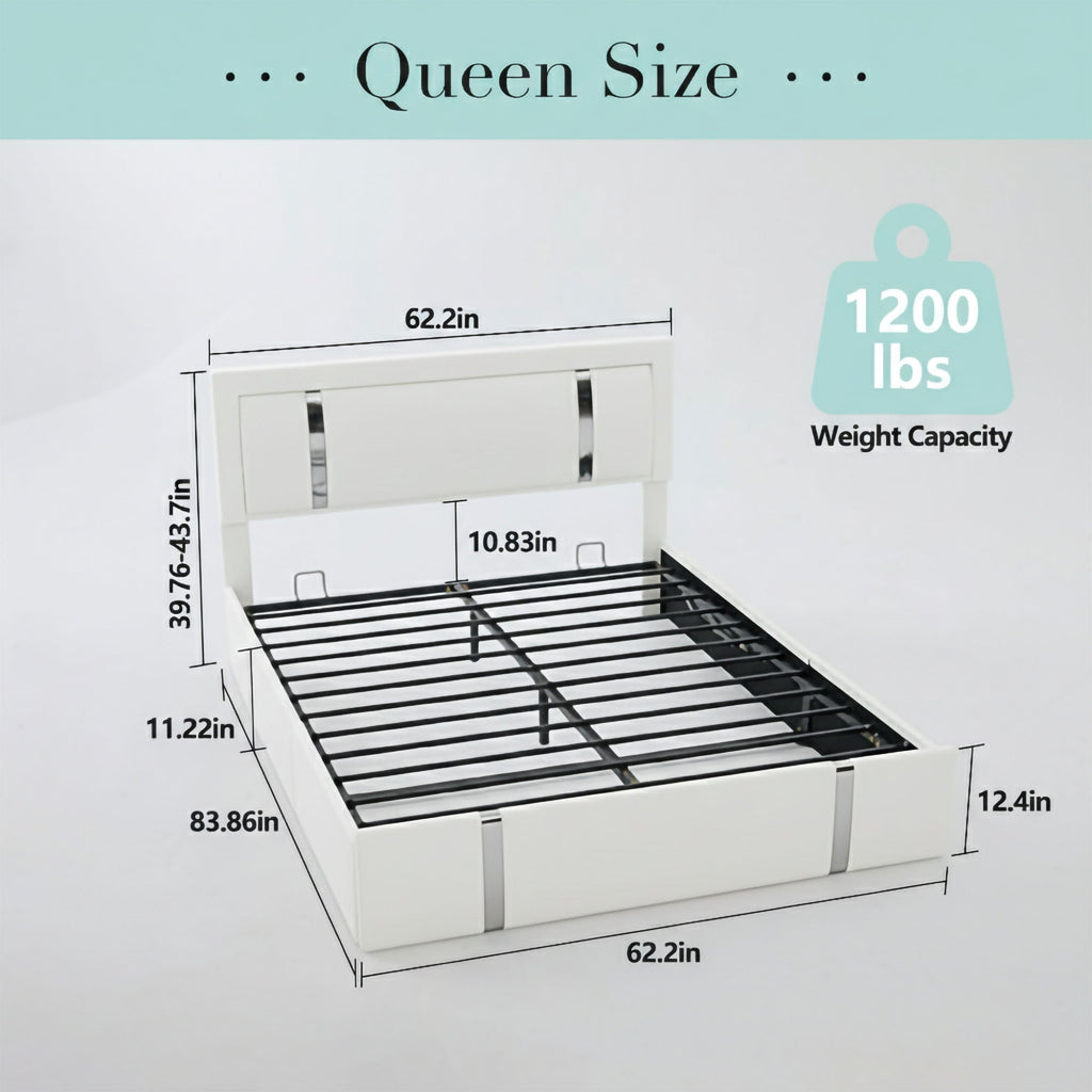 Upholstered Platform Bed Frame With Adjustable LED Headboard, USB C-Charging, Hydraulic Lift
