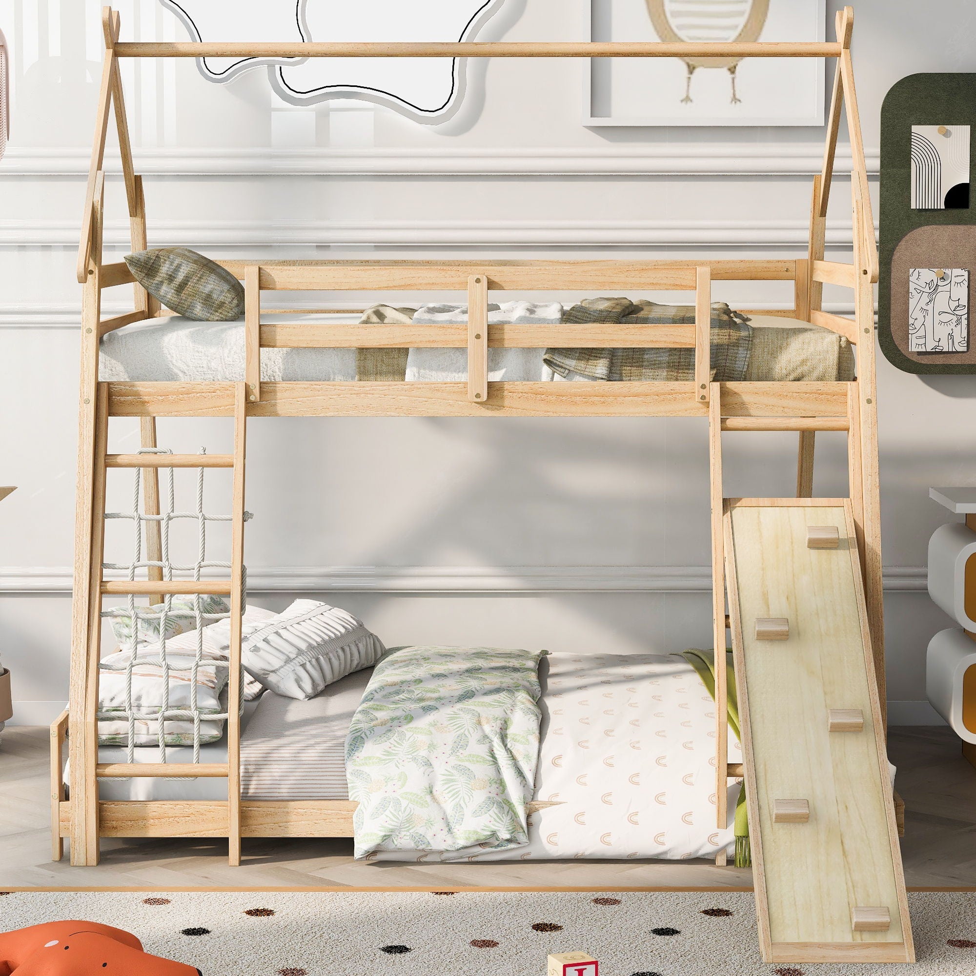 Georgiana - Twin Over Queen House Bunk Bed With Climbing Nets And Climbing Ramp