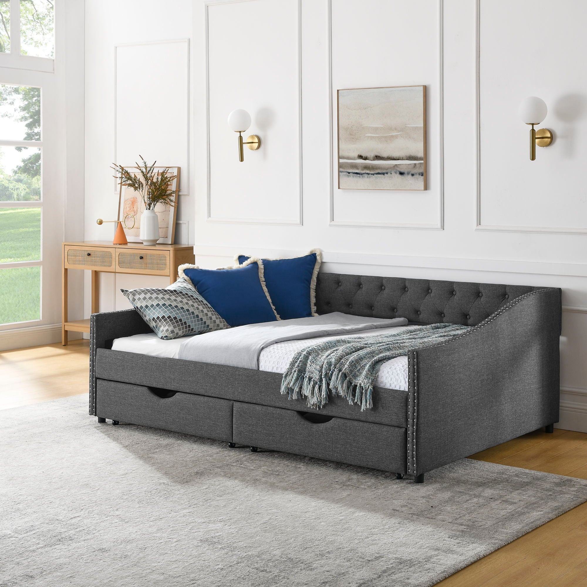 Upholstered Tufted Daybed With Drawers, Waved Arms