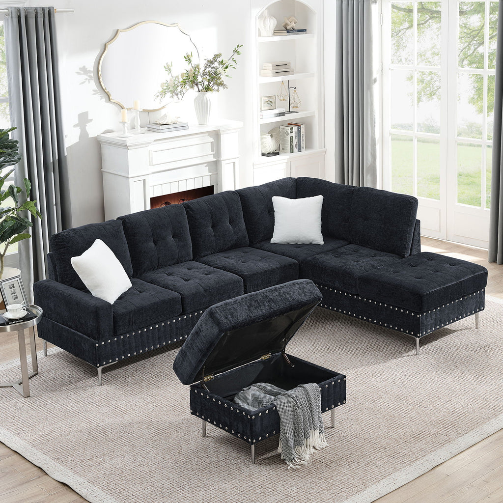 L-Shaped Sectional Sofa With Chaise And Storage Ottoman, Includes 2 Pillows