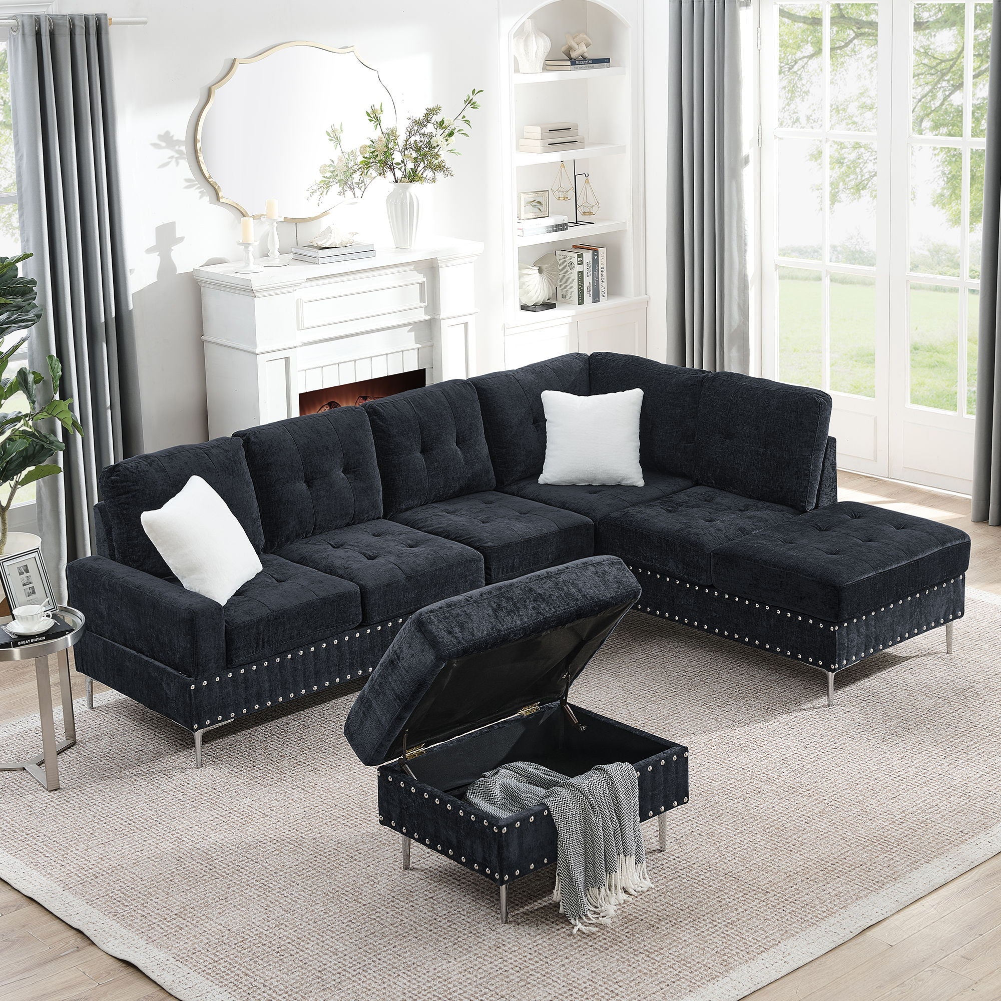 L-Shaped Sectional Sofa With Chaise And Storage Ottoman, Includes 2 Pillows