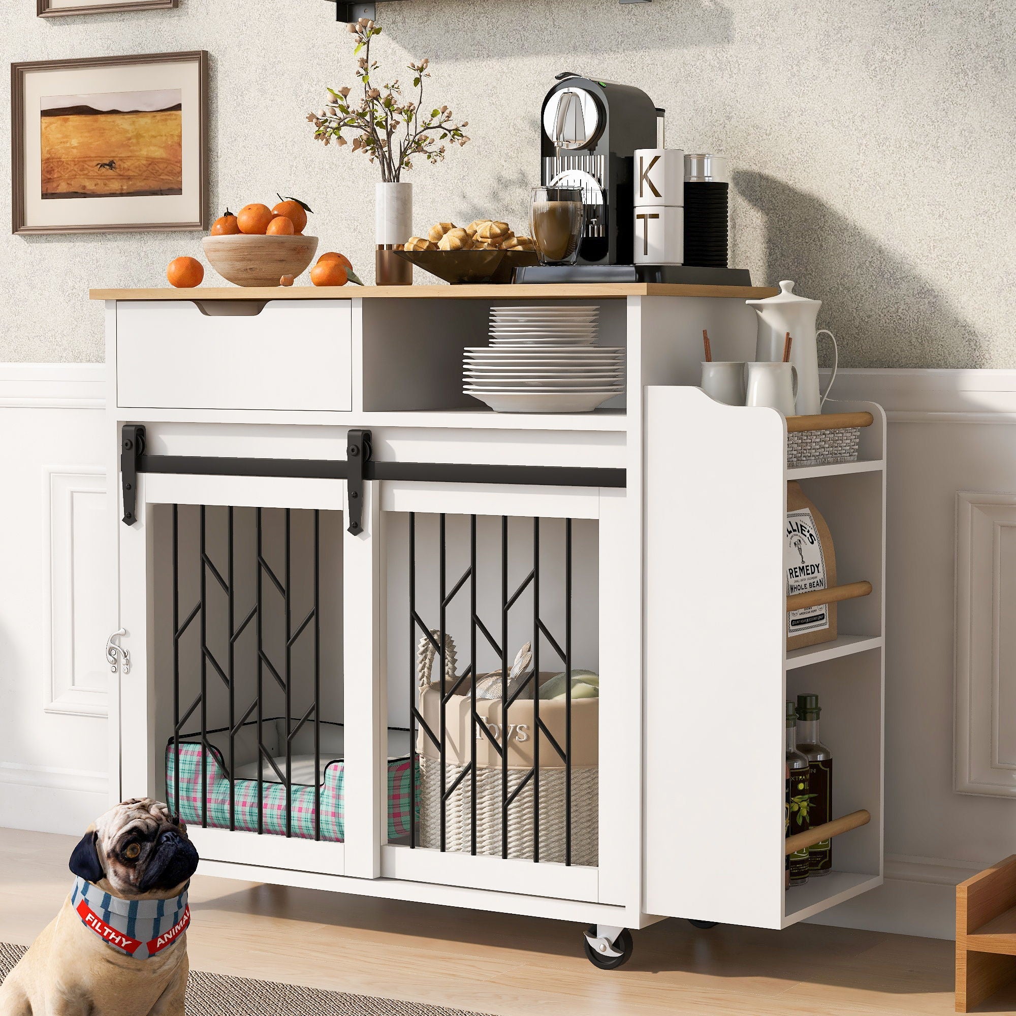 Modern Style 2 In 1 Pet Friendly Dog Crate Kitchen Island End Table Metal Pine - Natural / White