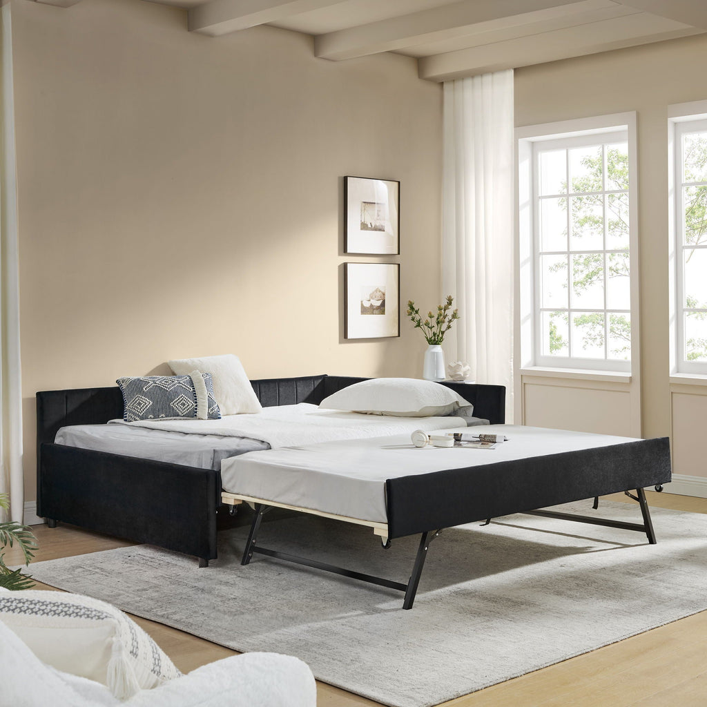 Full Size Upholstered Daybed With Trundle, Tufted Backrest And Armrests - Black