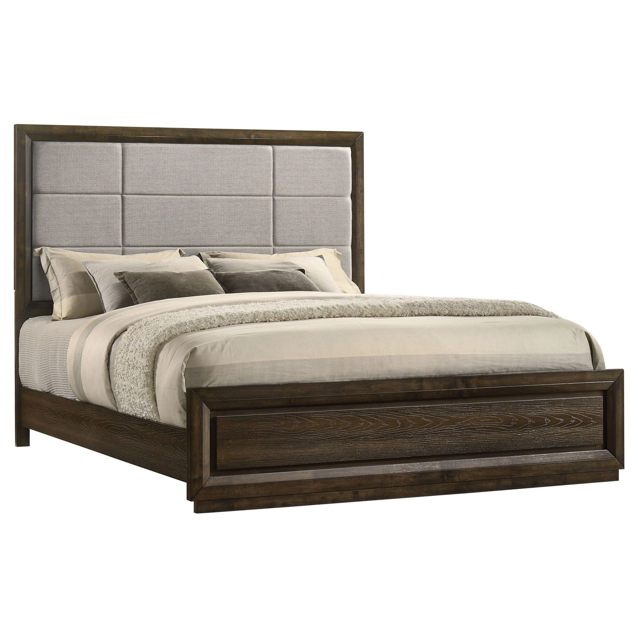 Atlas 63-inch California King Upholstered Panel Bed Grey and Dark Oak