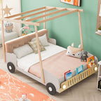 Twin Size Car Bed & Pillow, Ceiling Cloth And LED - Natural