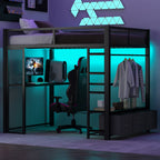 Full Size Gaming Loft Bed With LED Desk, Open Wardrobe, 3 Linen Storage Drawers - Black