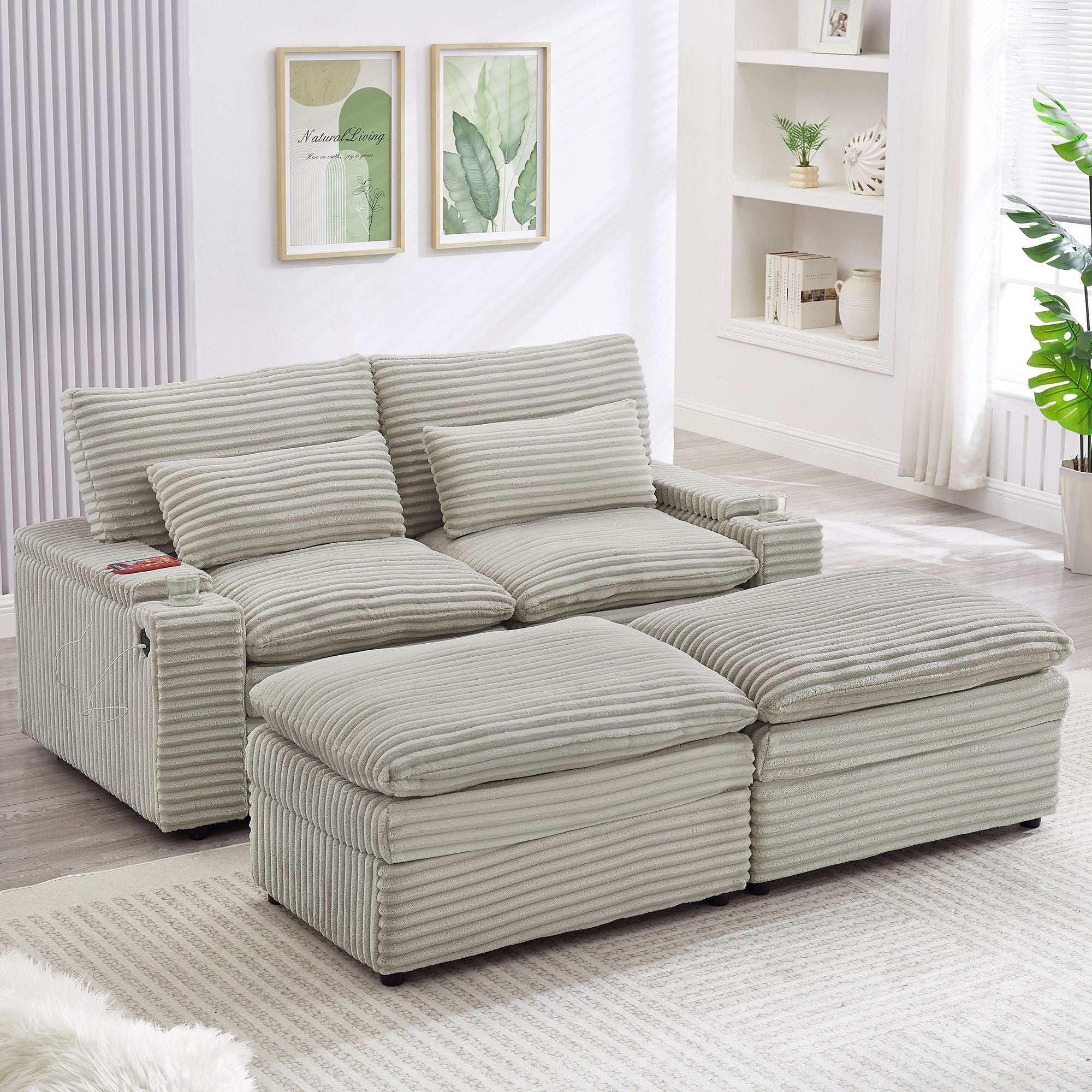 Convertible Loveseat Sofa With Storage, USB Ports, Cup Holders