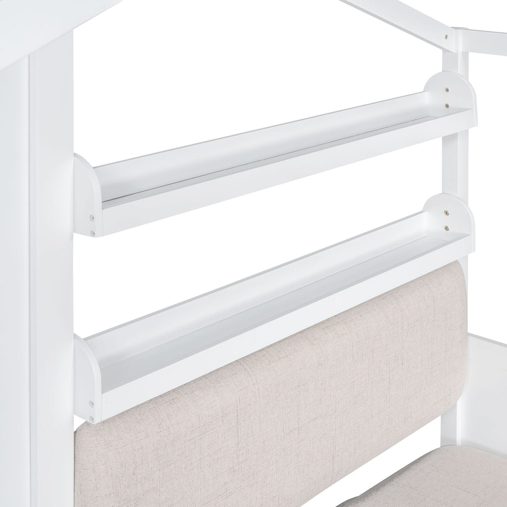 House Bed With Sofa, Kids Platform Bed With 2 Drawers And Storage Shelf