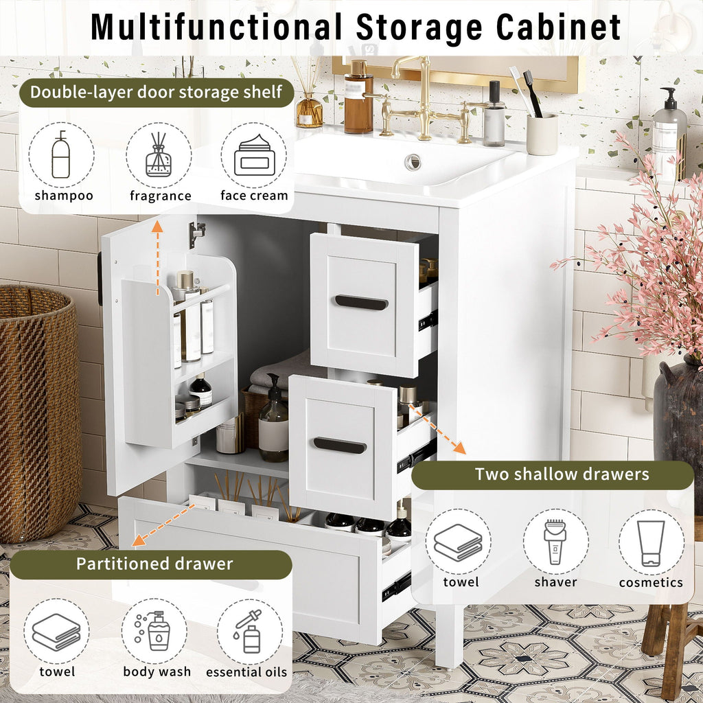 Bathroom Vanity With Sink, Soft-Close Doors, Double-Layer Shelf And 3 Drawers