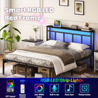 Bed Frame With Storage Headboard With USB C, Type C And LED Light