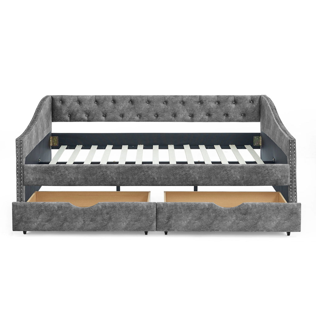 Upholstered Tufted Daybed With Drawers, Waved Arms