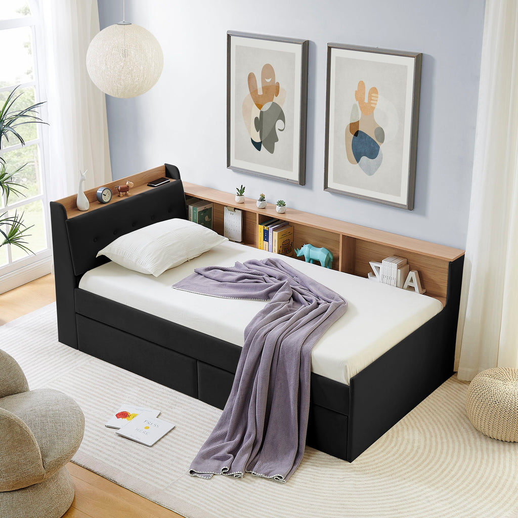 Upholstered Daybed With Storage Headboard, Wireless Charging, LED Lights