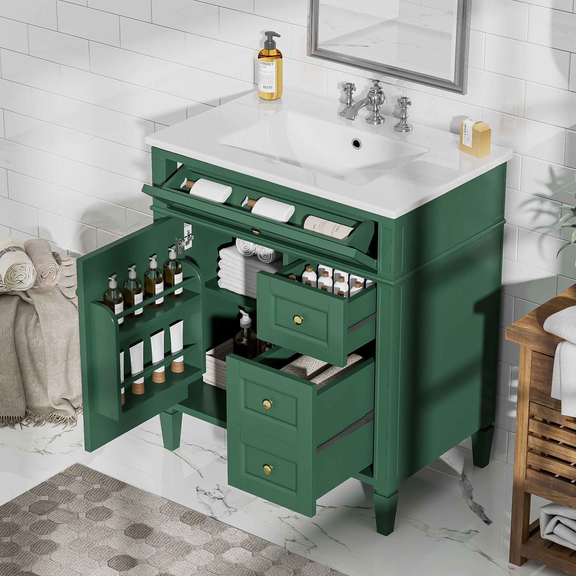 Bathroom Vanity With Top Sink, 2 Drawers & Tip Out Drawer