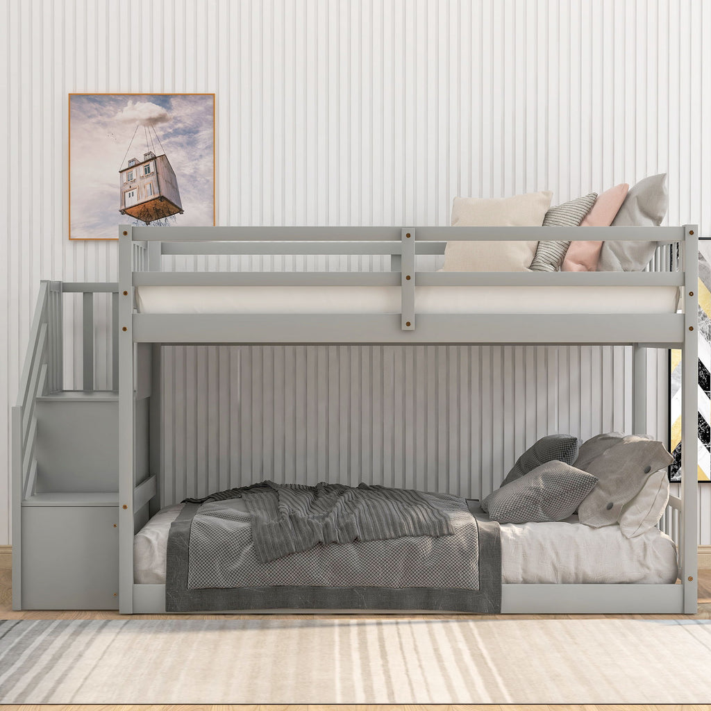 Norset - Twin Over Twin Floor Bunk Bed, Ladder With Storage