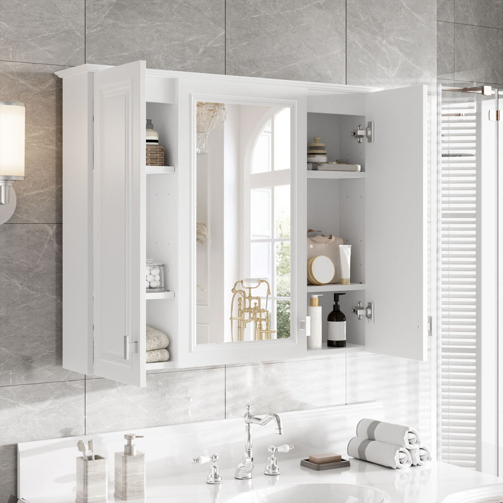 Wall Mounted Mirror Cabinet With 5 Adjustable Shelves, Rectangular Storage For Bathroom - White